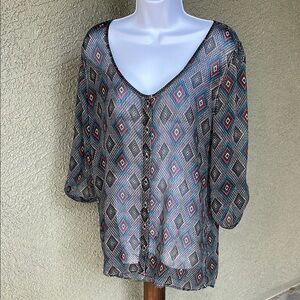 No.194 Wrangler Geometric Graphic Blouse 3/4 Sleeve size large